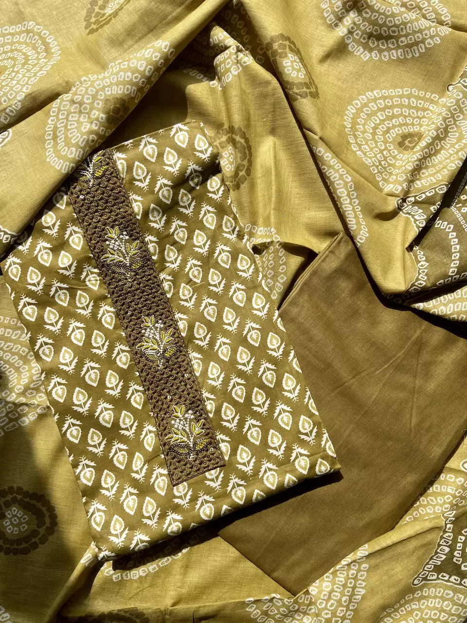 Ochre Yellow Small Buti Printed & All Over On Unstitched Cotton Suitset