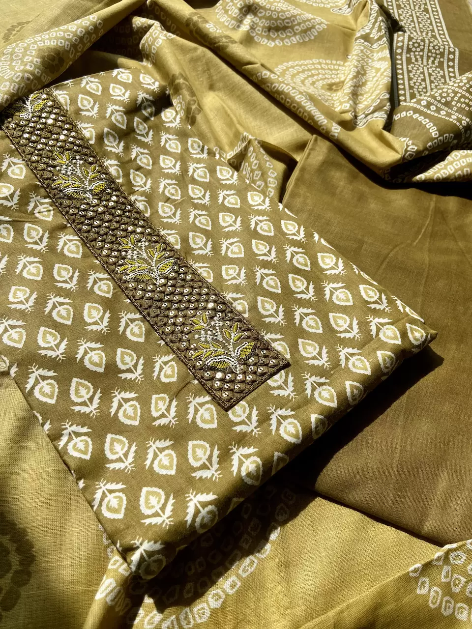 Ochre Yellow Small Buti Printed & All Over On Unstitched Cotton Suitset