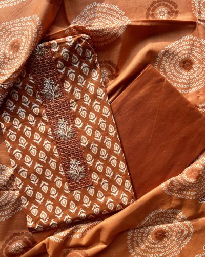 Rust Red Small Buti Printed & All Over On Unstitched Cotton Suitset