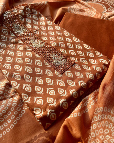 Rust Red Small Buti Printed & All Over On Unstitched Cotton Suitset