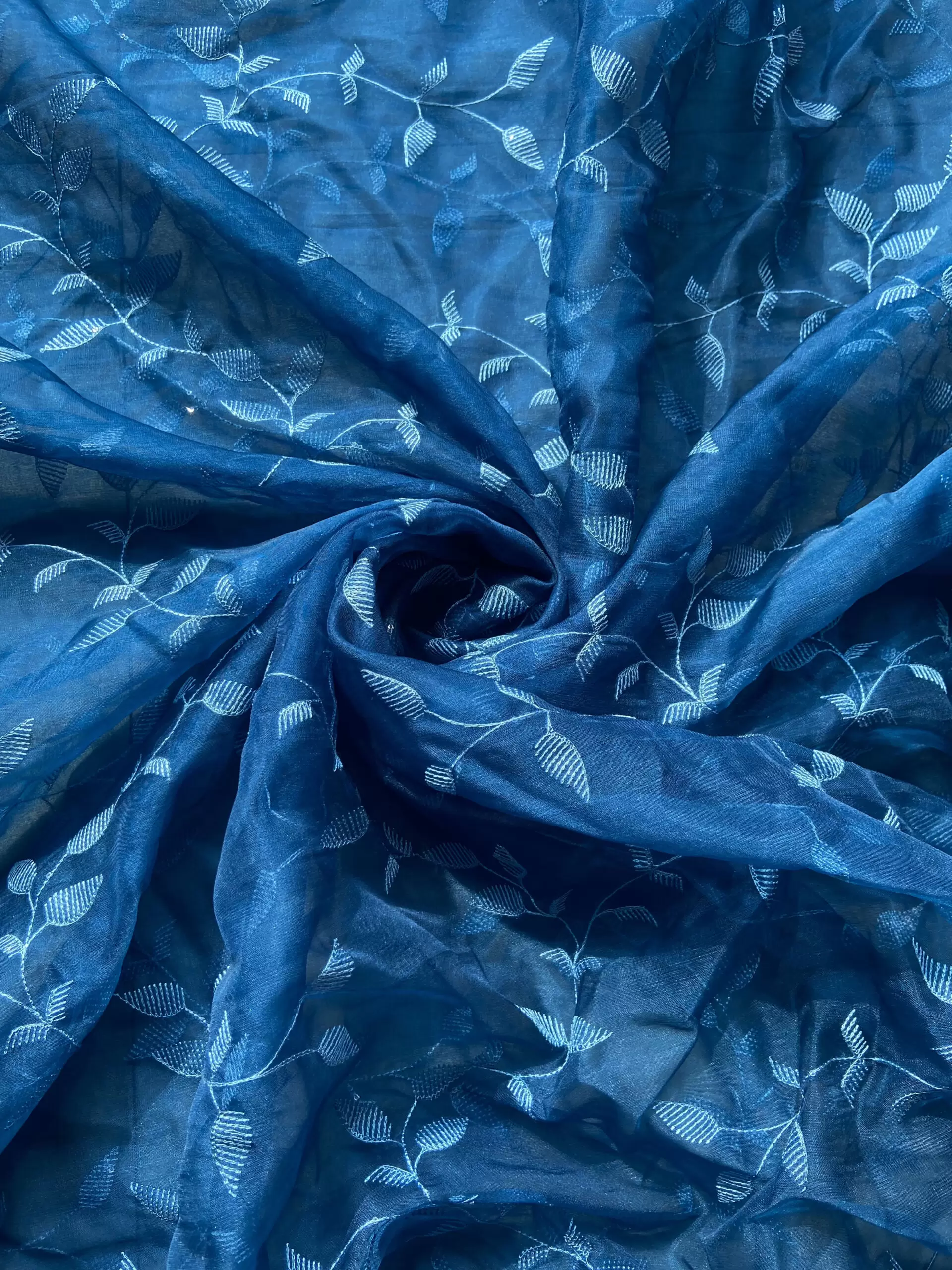 Heavy Tone On Tone Thread & Sequence Embroidery On Peacock Blue Pure Organza