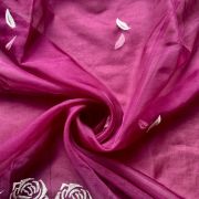 Hot Pink Pure Organza Tissue Fabric With White Thread Rose Embroidery On Both Sides