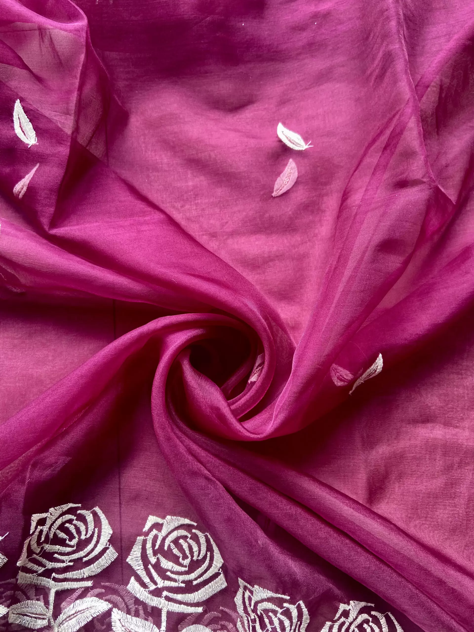 Hot Pink Pure Organza Tissue Fabric With White Thread Rose Embroidery On Both Sides