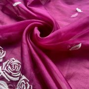 Hot Pink Pure Organza Tissue Fabric With White Thread Rose Embroidery On Both Sides