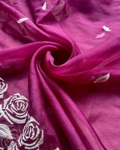 Hot Pink Pure Organza Tissue Fabric With White Thread Rose Embroidery On Both Sides