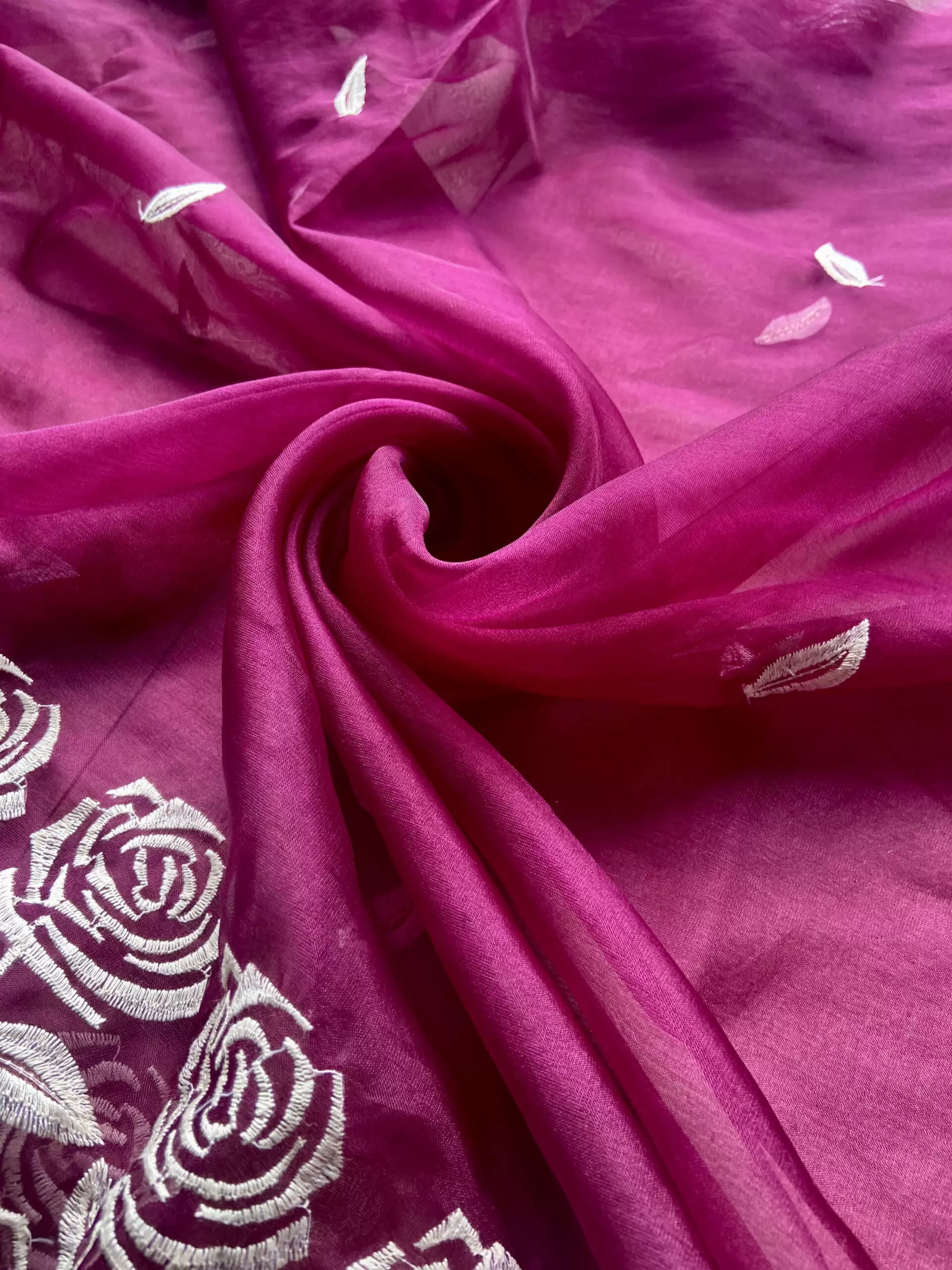 Hot Pink Pure Organza Tissue Fabric With White Thread Rose Embroidery On Both Sides