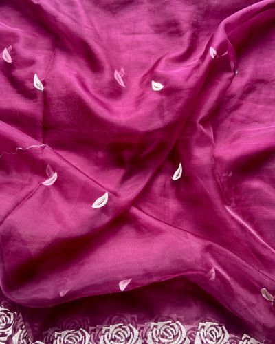 Hot Pink Pure Organza Tissue Fabric With White Thread Rose Embroidery On Both Sides