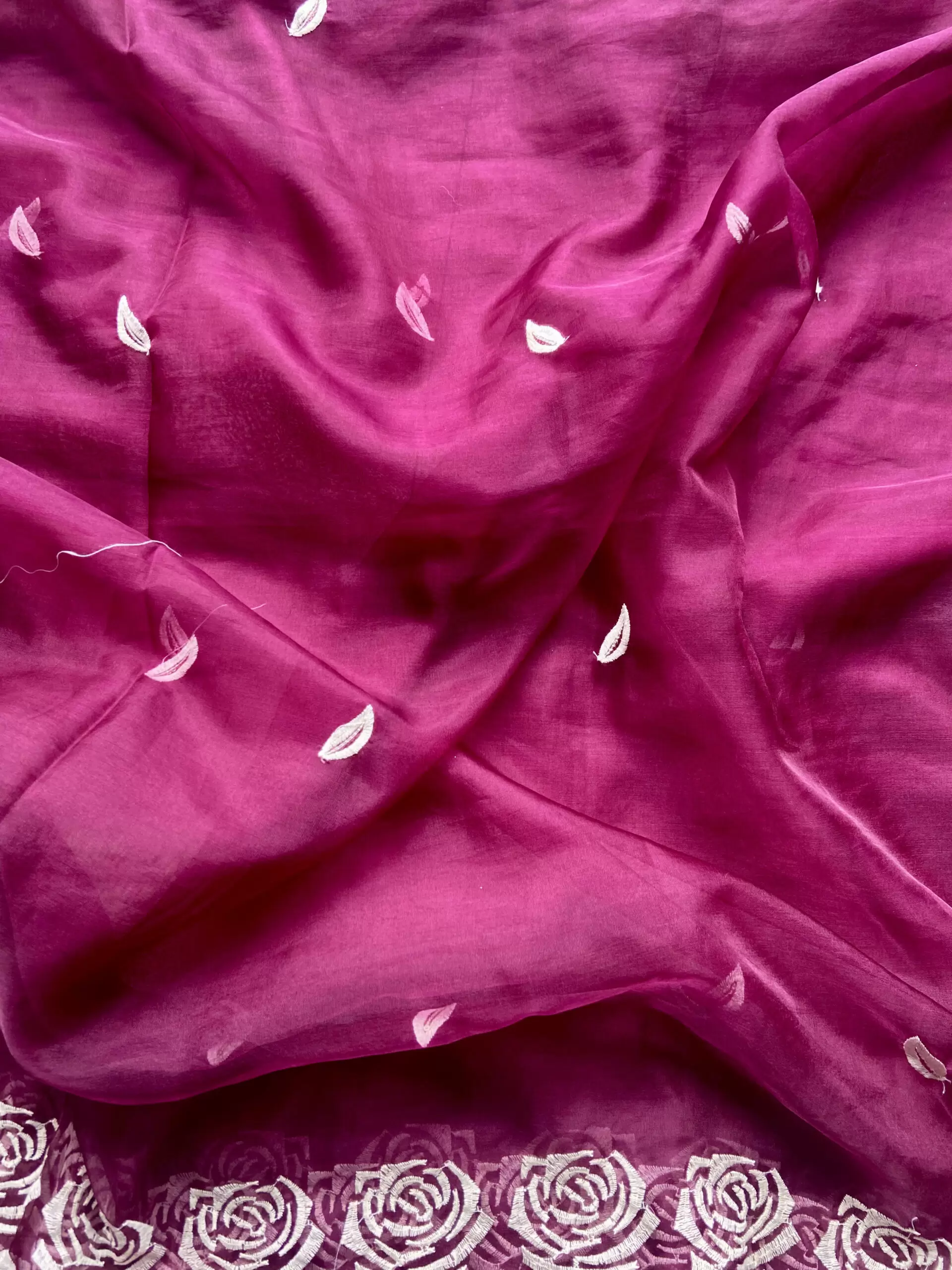 Hot Pink Pure Organza Tissue Fabric With White Thread Rose Embroidery On Both Sides