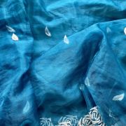 Peacock Blue Pure Organza Tissue Fabric With White Thread Rose Embroidery On Both Sides