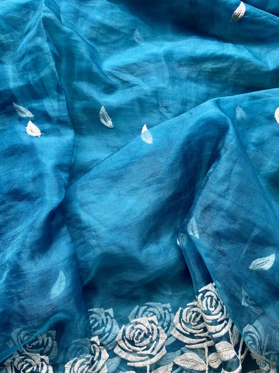 Peacock Blue Pure Organza Tissue Fabric With White Thread Rose Embroidery On Both Sides