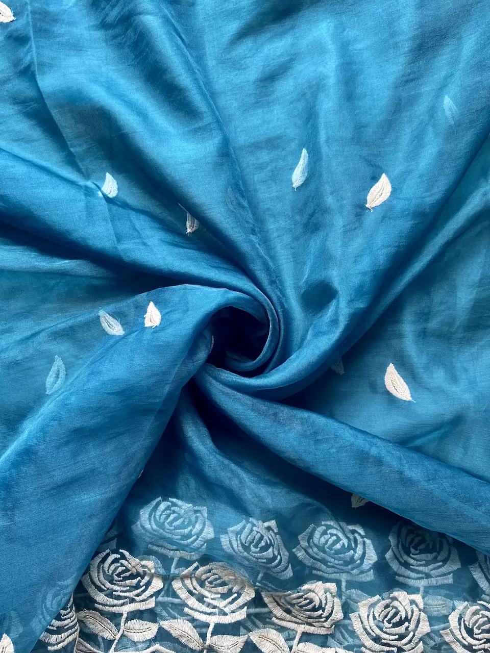 Peacock Blue Pure Organza Tissue Fabric With White Thread Rose Embroidery On Both Sides