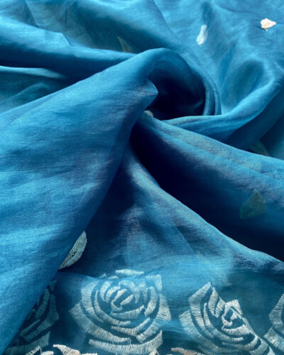 Peacock Blue Pure Organza Tissue Fabric With White Thread Rose Embroidery On Both Sides