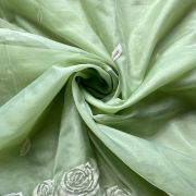 Pishta Green Pure Organza Tissue Fabric With White Thread Rose Embroidery On Both Sides