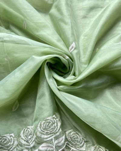 Pishta Green Pure Organza Tissue Fabric With White Thread Rose Embroidery On Both Sides