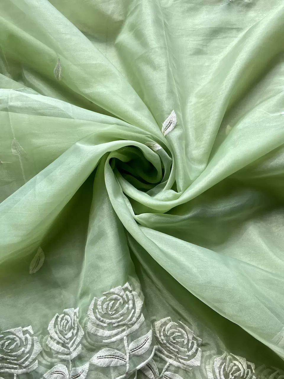 Pishta Green Pure Organza Tissue Fabric With White Thread Rose Embroidery On Both Sides
