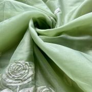 Pishta Green Pure Organza Tissue Fabric With White Thread Rose Embroidery On Both Sides