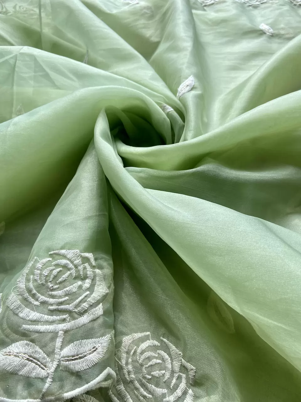 Pishta Green Pure Organza Tissue Fabric With White Thread Rose Embroidery On Both Sides