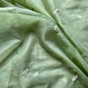 Pishta Green Pure Organza Tissue Fabric With White Thread Rose Embroidery On Both Sides