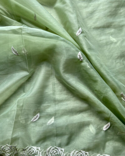 Pishta Green Pure Organza Tissue Fabric With White Thread Rose Embroidery On Both Sides