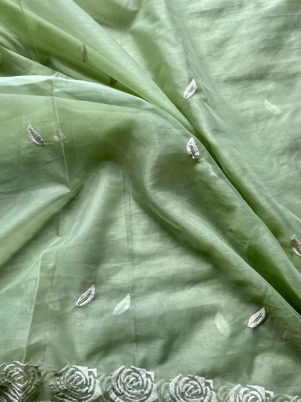 Pishta Green Pure Organza Tissue Fabric With White Thread Rose Embroidery On Both Sides