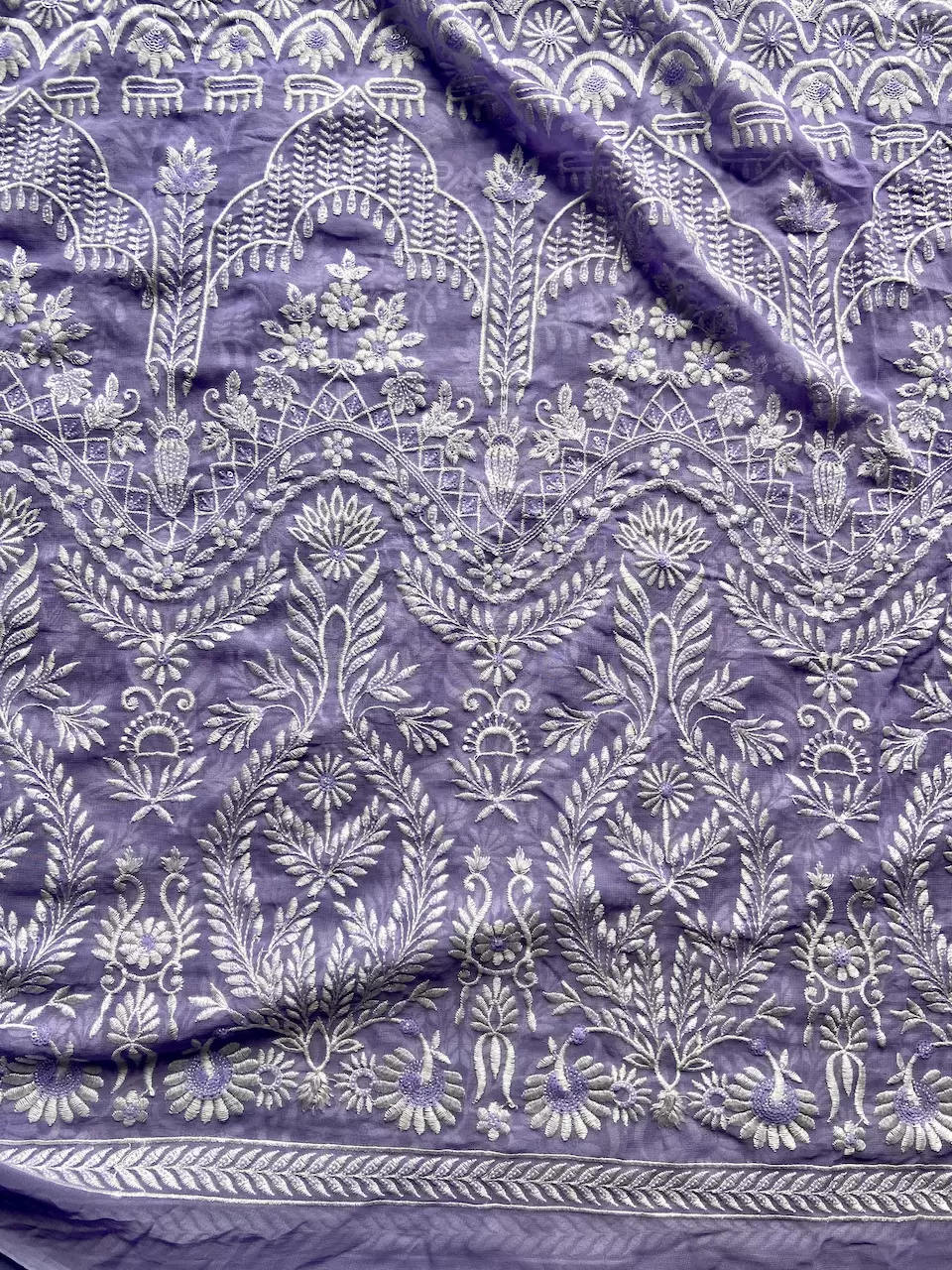 White Thread & Sequin Embroidery On Lavender Viscose Georgette In Big Width