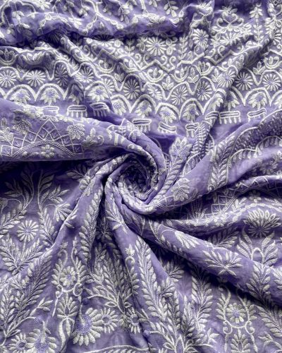 White Thread & Sequin Embroidery On Lavender Viscose Georgette In Big Width