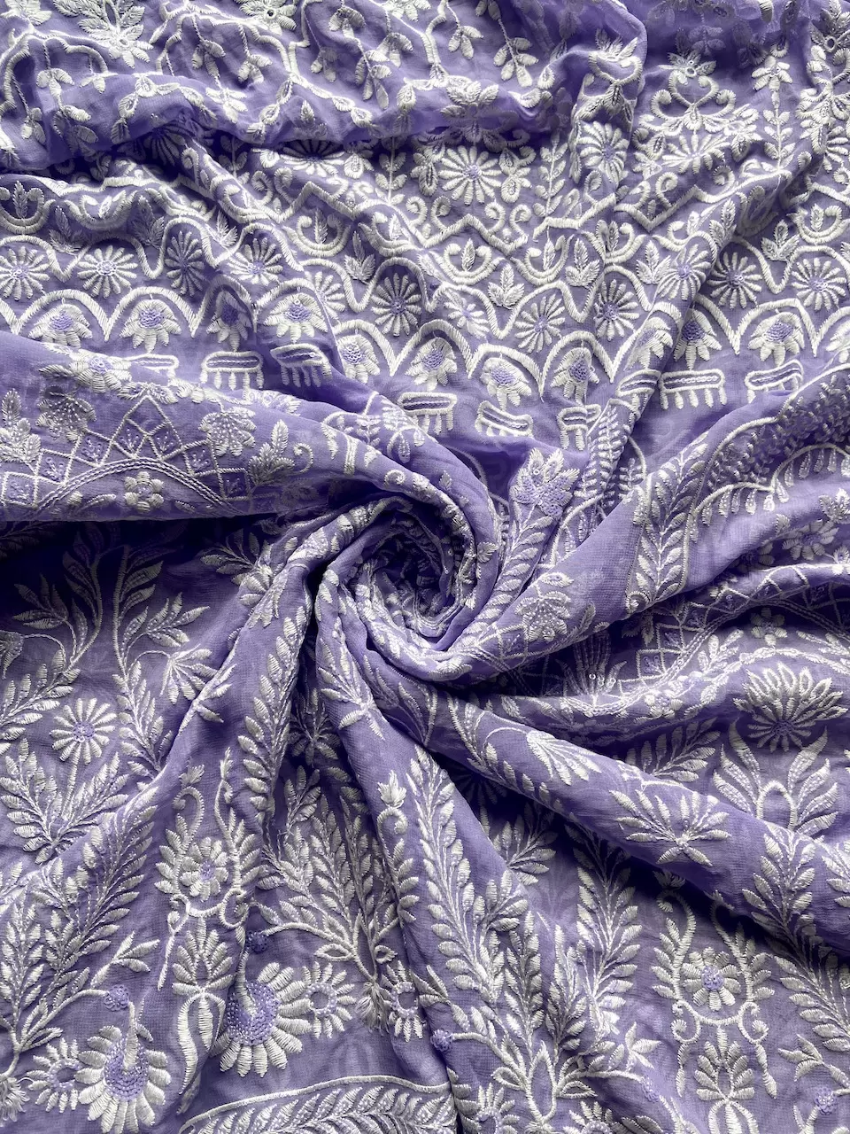 White Thread & Sequin Embroidery On Lavender Viscose Georgette In Big Width