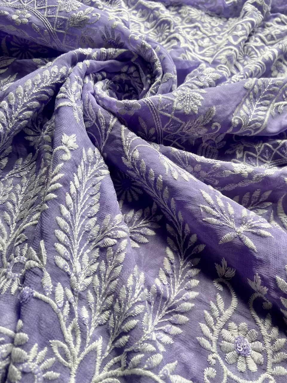 White Thread & Sequin Embroidery On Lavender Viscose Georgette In Big Width