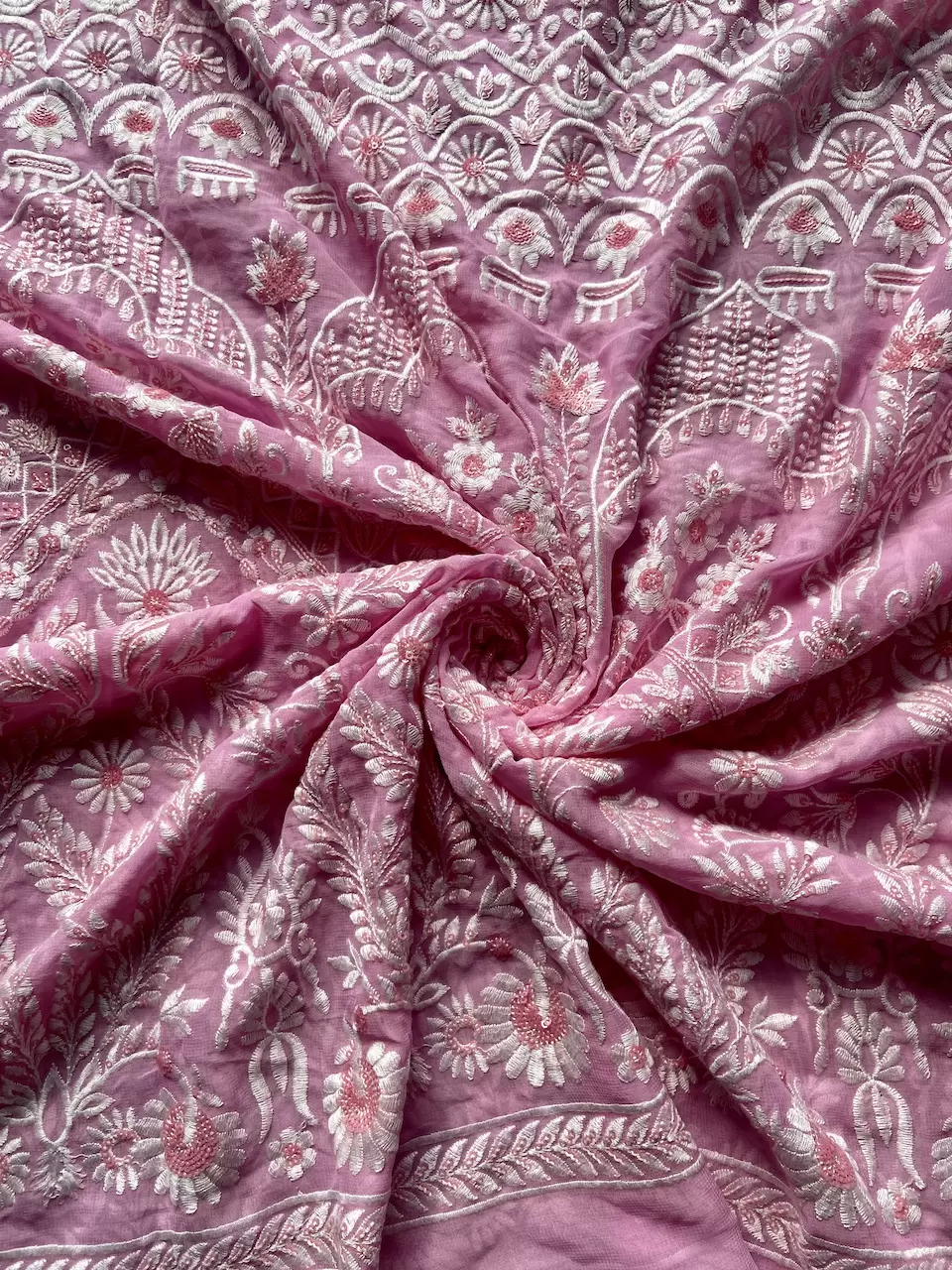 White Thread & Sequin Embroidery On Baby Pink Viscose Georgette In Big Width