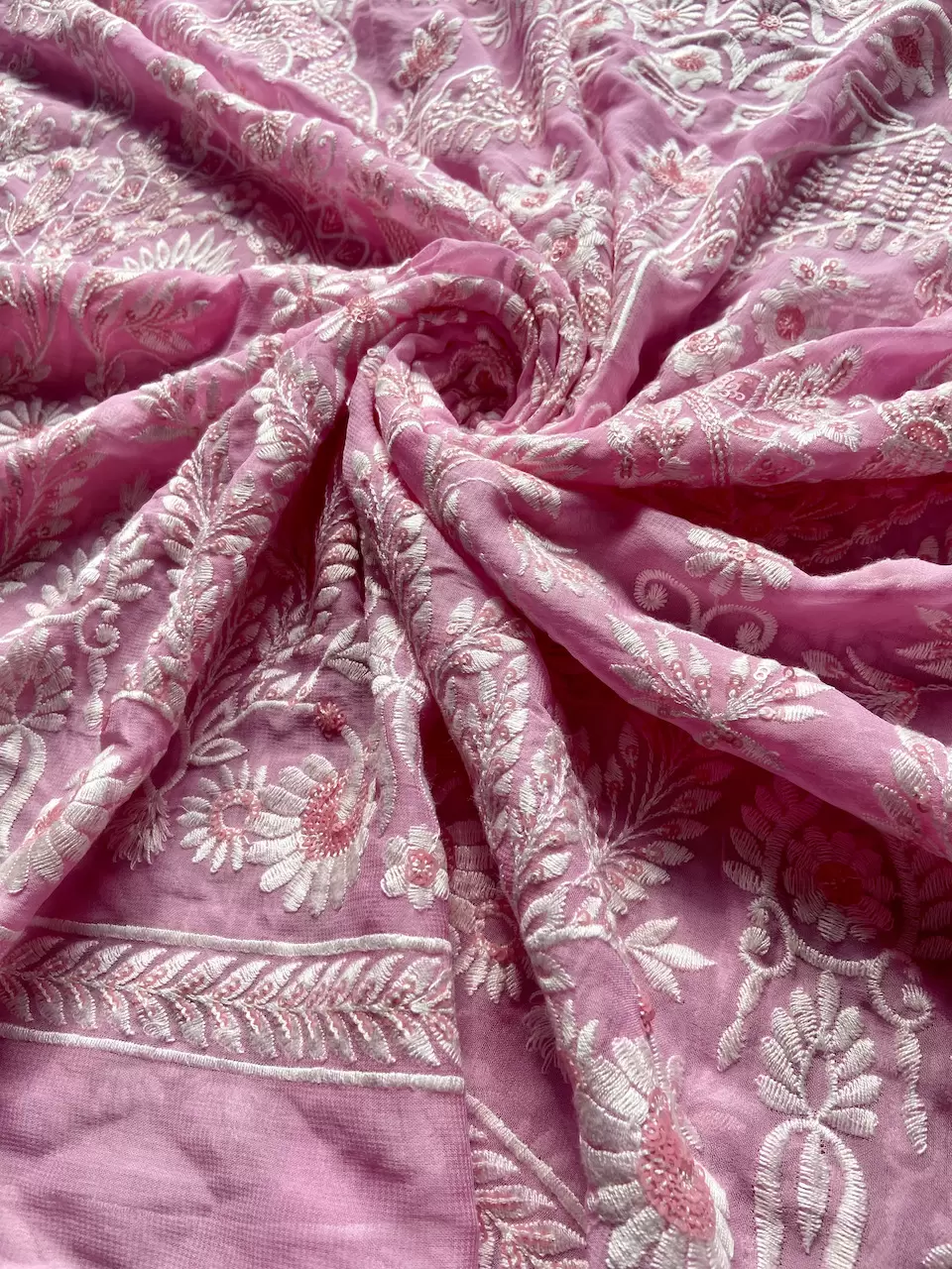 White Thread & Sequin Embroidery On Baby Pink Viscose Georgette In Big Width