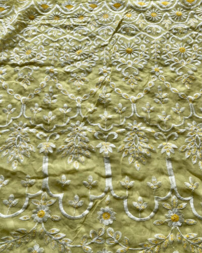 White Thread & Sequin Embroidery On Lemon Yellow Viscose Georgette In Big Width