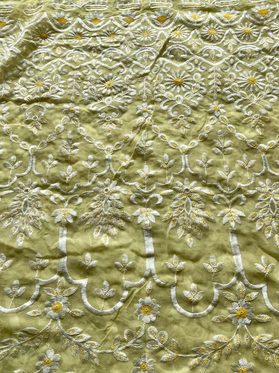 White Thread & Sequin Embroidery On Lemon Yellow Viscose Georgette In Big Width