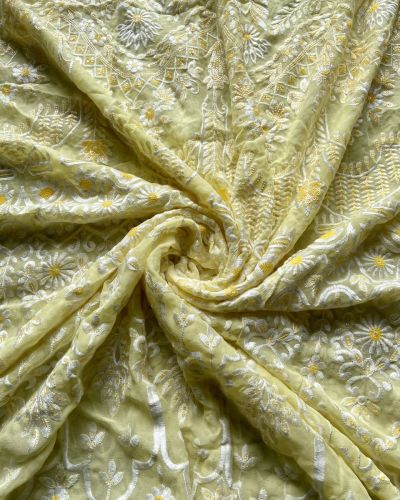 White Thread & Sequin Embroidery On Lemon Yellow Viscose Georgette In Big Width