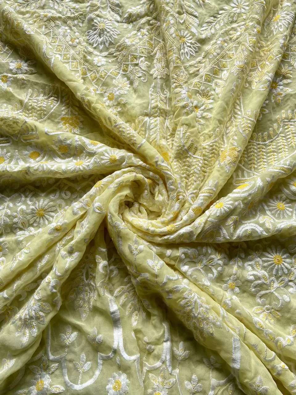 White Thread & Sequin Embroidery On Lemon Yellow Viscose Georgette In Big Width