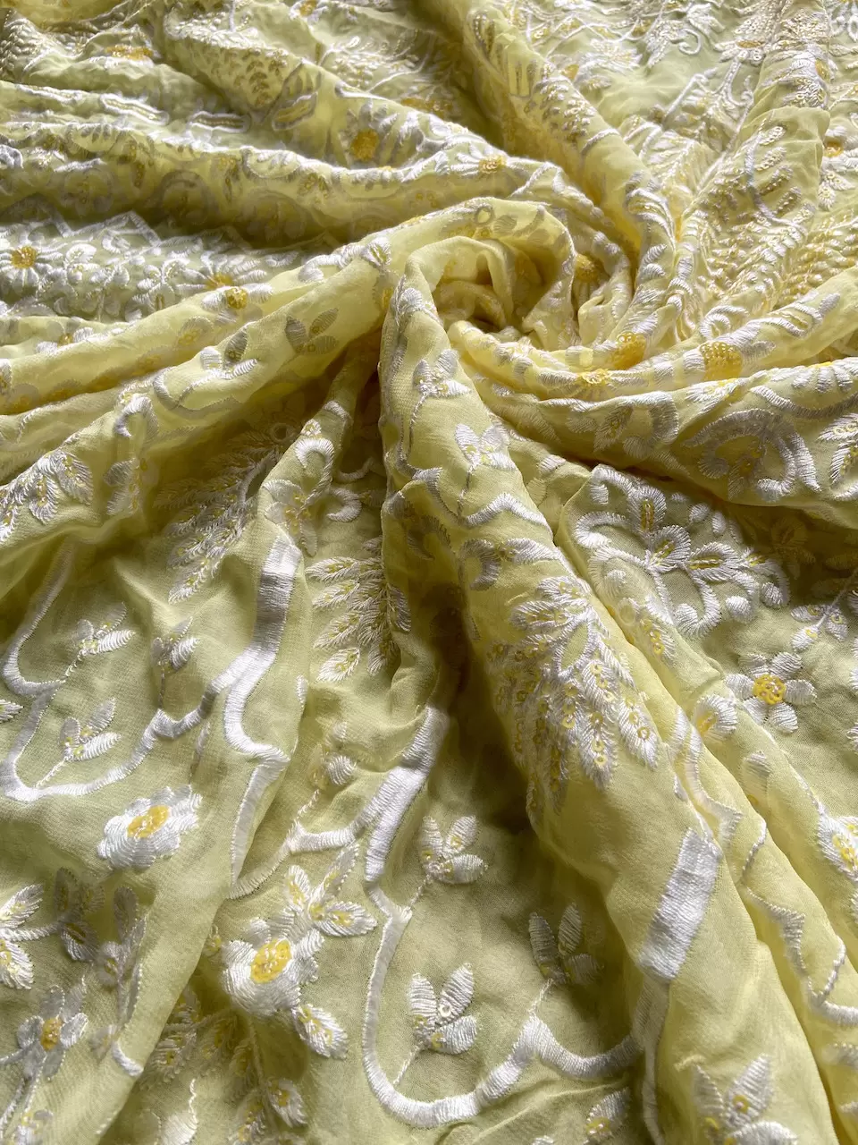White Thread & Sequin Embroidery On Lemon Yellow Viscose Georgette In Big Width