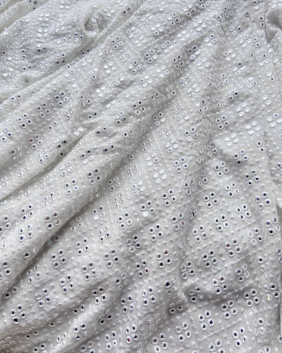 Heavy Faux Mirror Embroidery On White Pure Georgette Fabric