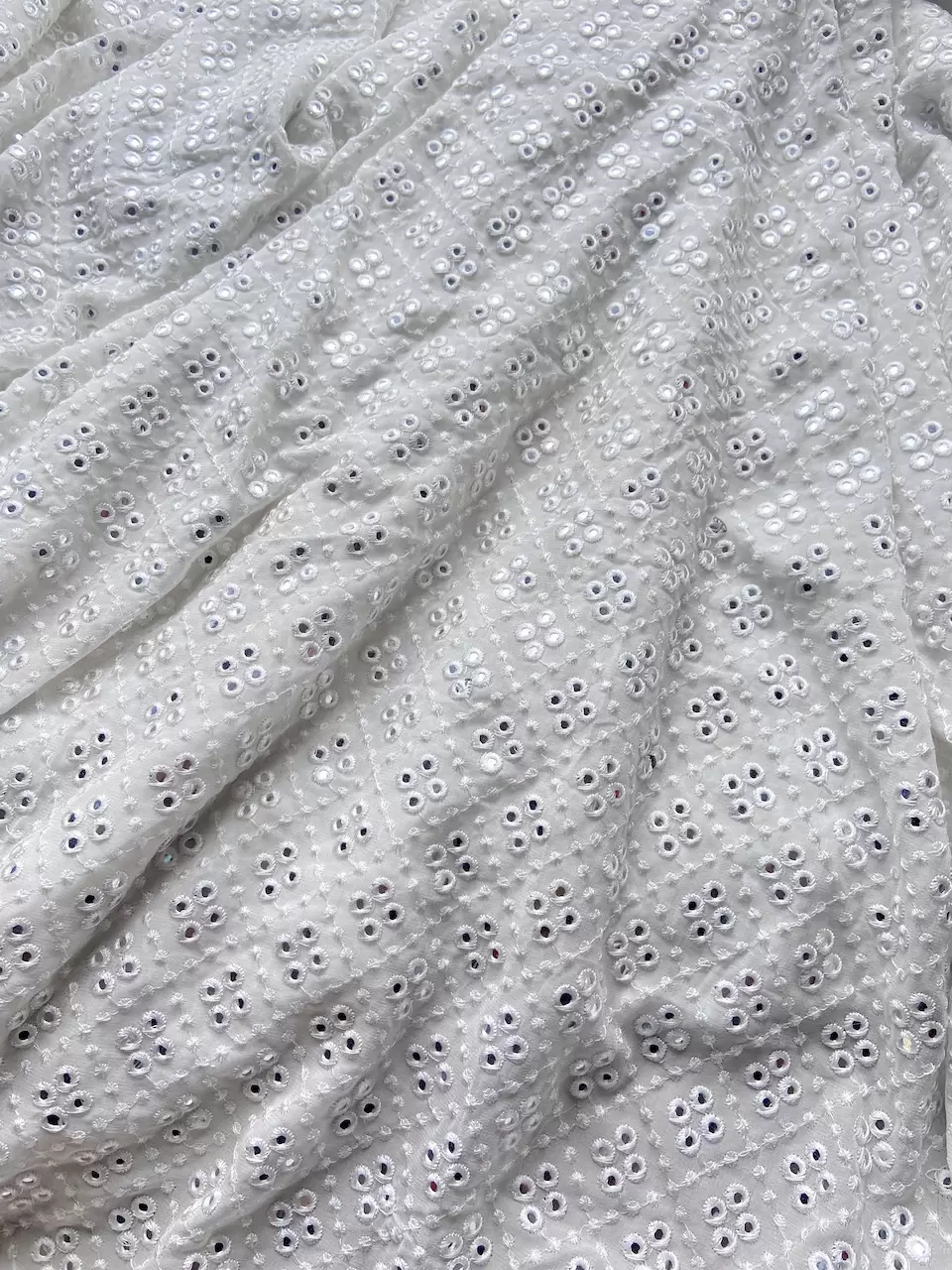 Heavy Faux Mirror Embroidery On White Pure Georgette Fabric