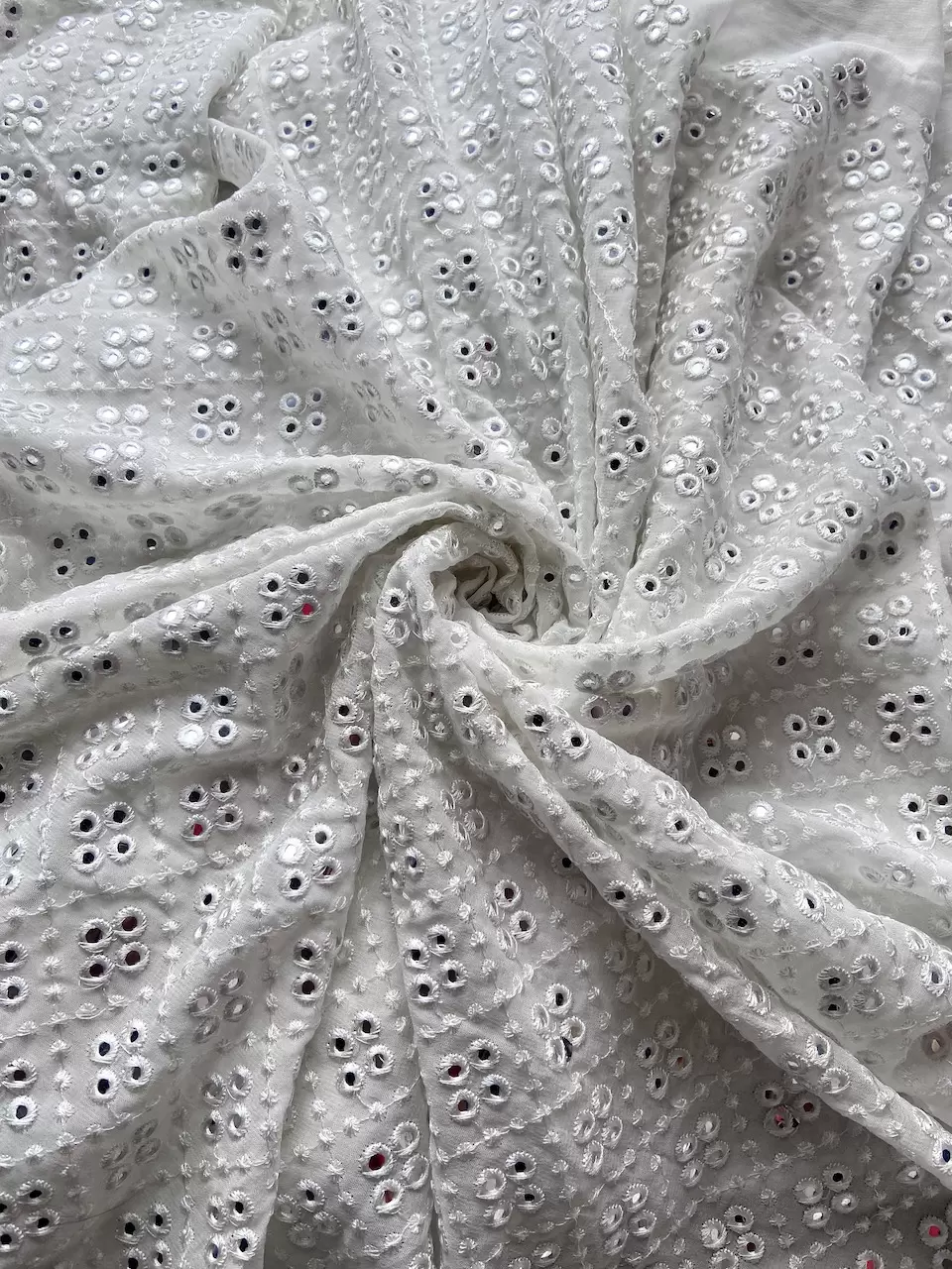 Heavy Faux Mirror Embroidery On White Pure Georgette Fabric