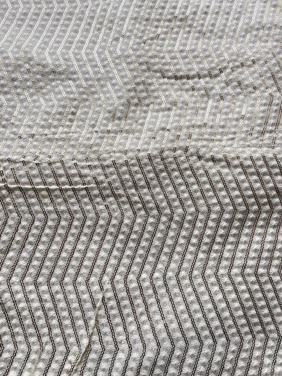 All Over Zig Zag Chikankari & Sequin Embroidery On Off White Georgette Fabric