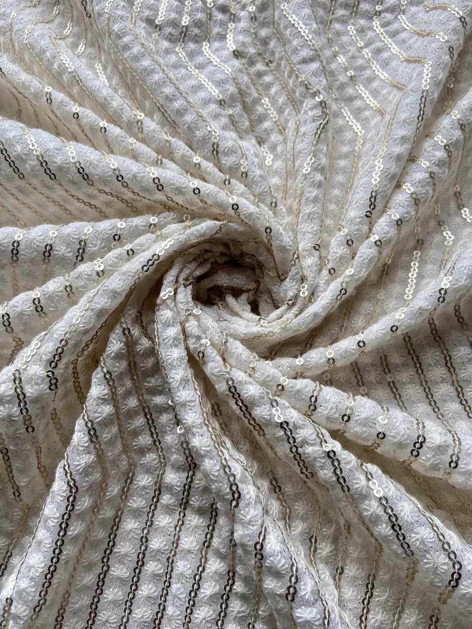 All Over Zig Zag Chikankari & Sequin Embroidery On Off White Georgette Fabric