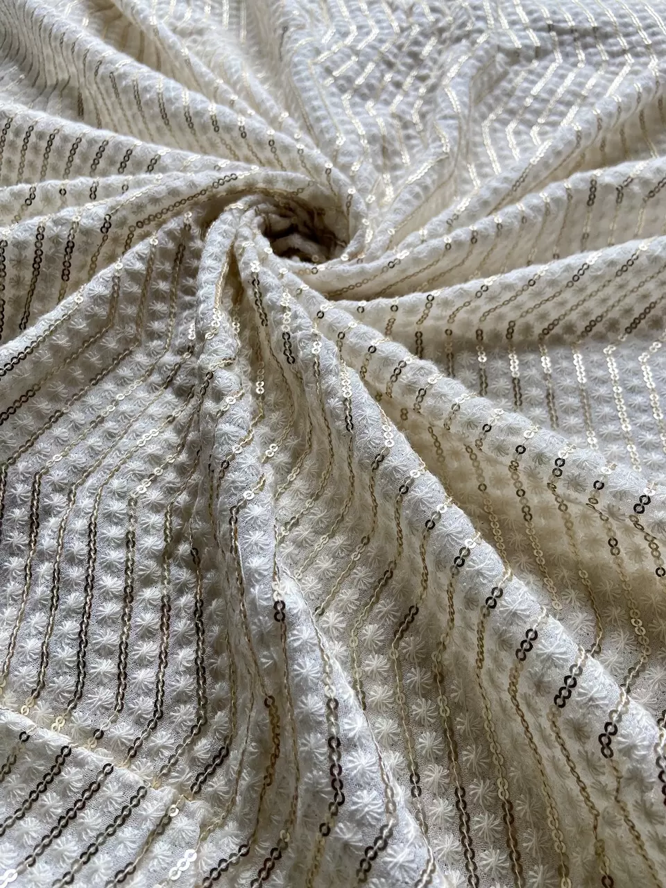 All Over Zig Zag Chikankari & Sequin Embroidery On Off White Georgette Fabric