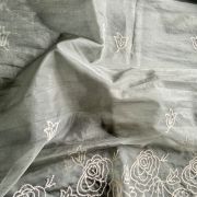 Olive Green Pure Organza Tissue Fabric With White Thread Embroidery On Both Sides