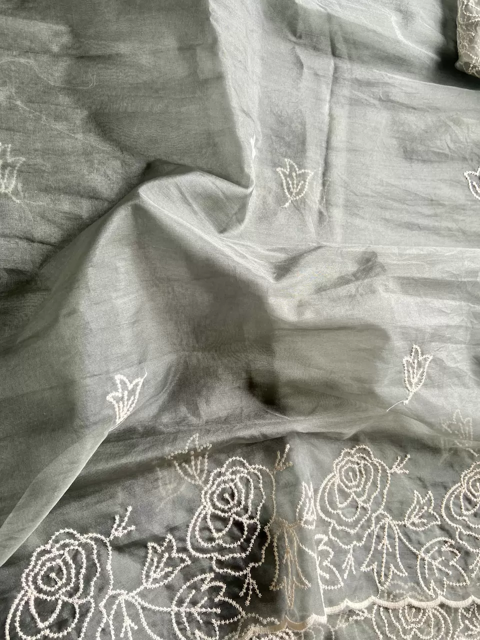 Olive Green Pure Organza Tissue Fabric With White Thread Embroidery On Both Sides