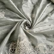 Olive Green Pure Organza Tissue Fabric With White Thread Embroidery On Both Sides