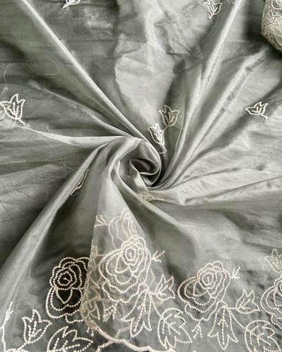 Olive Green Pure Organza Tissue Fabric With White Thread Embroidery On Both Sides