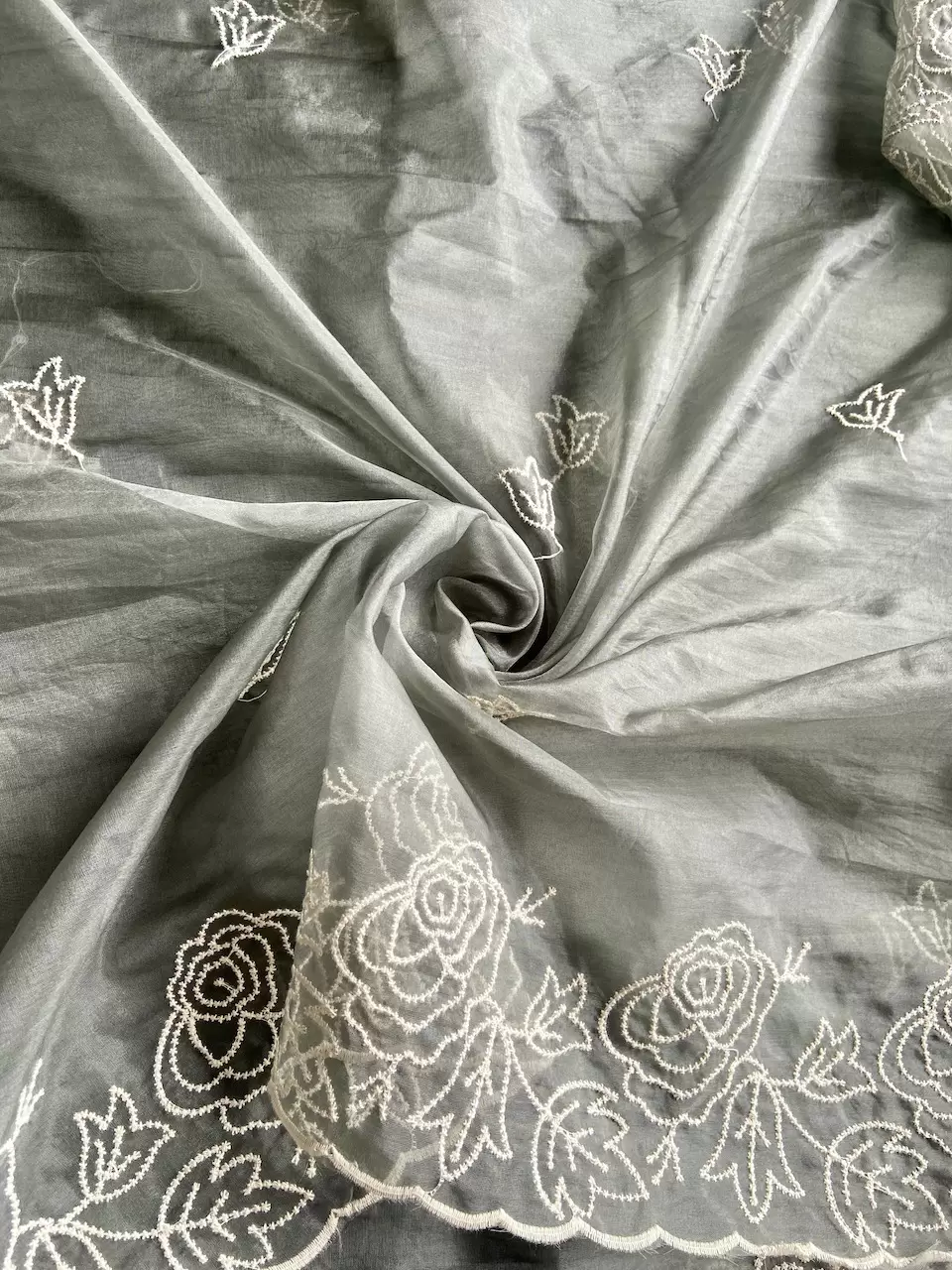 Olive Green Pure Organza Tissue Fabric With White Thread Embroidery On Both Sides