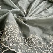 Olive Green Pure Organza Tissue Fabric With White Thread Embroidery On Both Sides