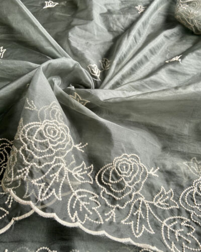 Olive Green Pure Organza Tissue Fabric With White Thread Embroidery On Both Sides