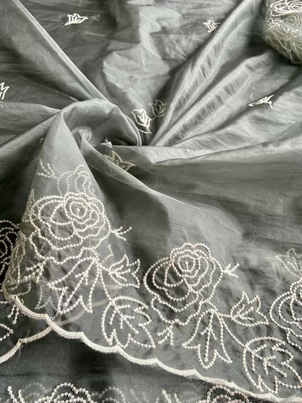 Olive Green Pure Organza Tissue Fabric With White Thread Embroidery On Both Sides