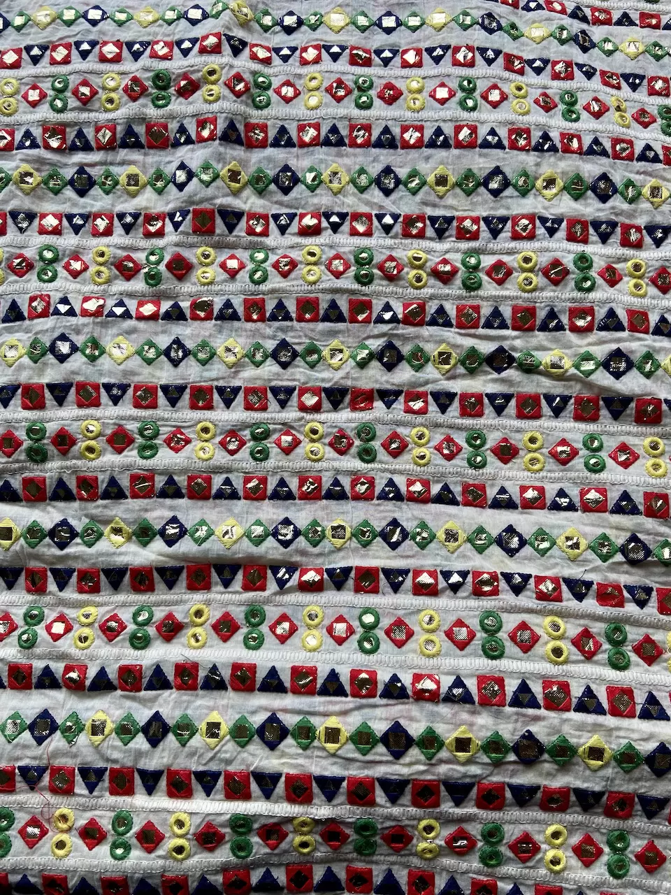 Multicolour Faux Mirror Embroidery On Cream Cora Cotton Fabric